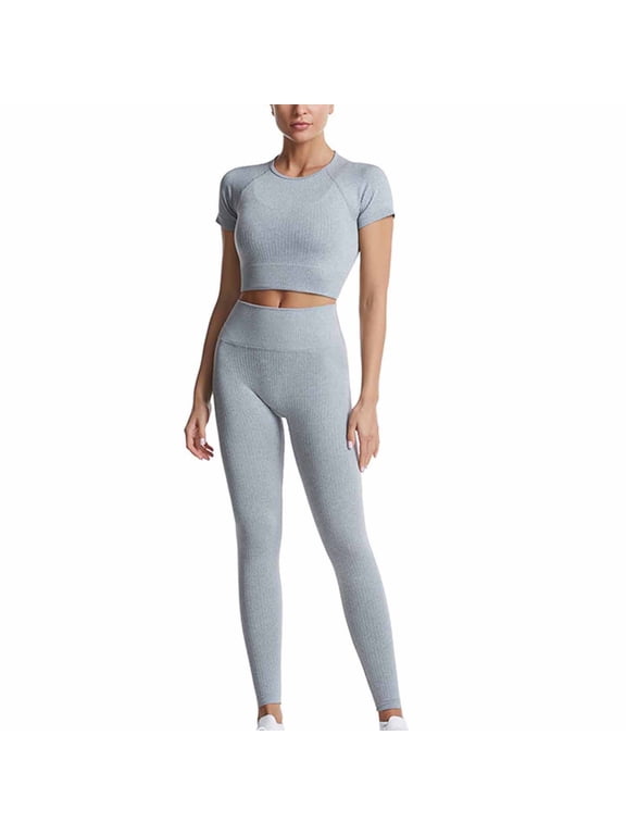 Yoga Sets for Women Stretch Short sleeve Shirt Butt Lifting High Waisted Tight Soild Sports Clothes Gray L