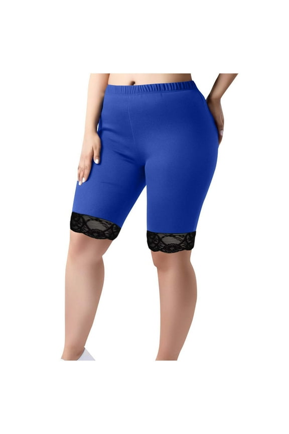 Yogalicious Leggings Mid Waist Plus Size Lace Elastic Waist Shorts Curvy Slim Casual Workout Pants for Work out Pull on Solid Short Length Lightweight Comfy Blue XL Breathable Gym Clothes