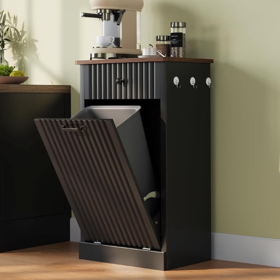 SELOOYE Trash Can Cabinet 10 Gallon Fluted Wooden Trash Can Cabinet Crack Resistant Fingerprint Resistant Garbage Cans with Kitchen Garbage Can, Black