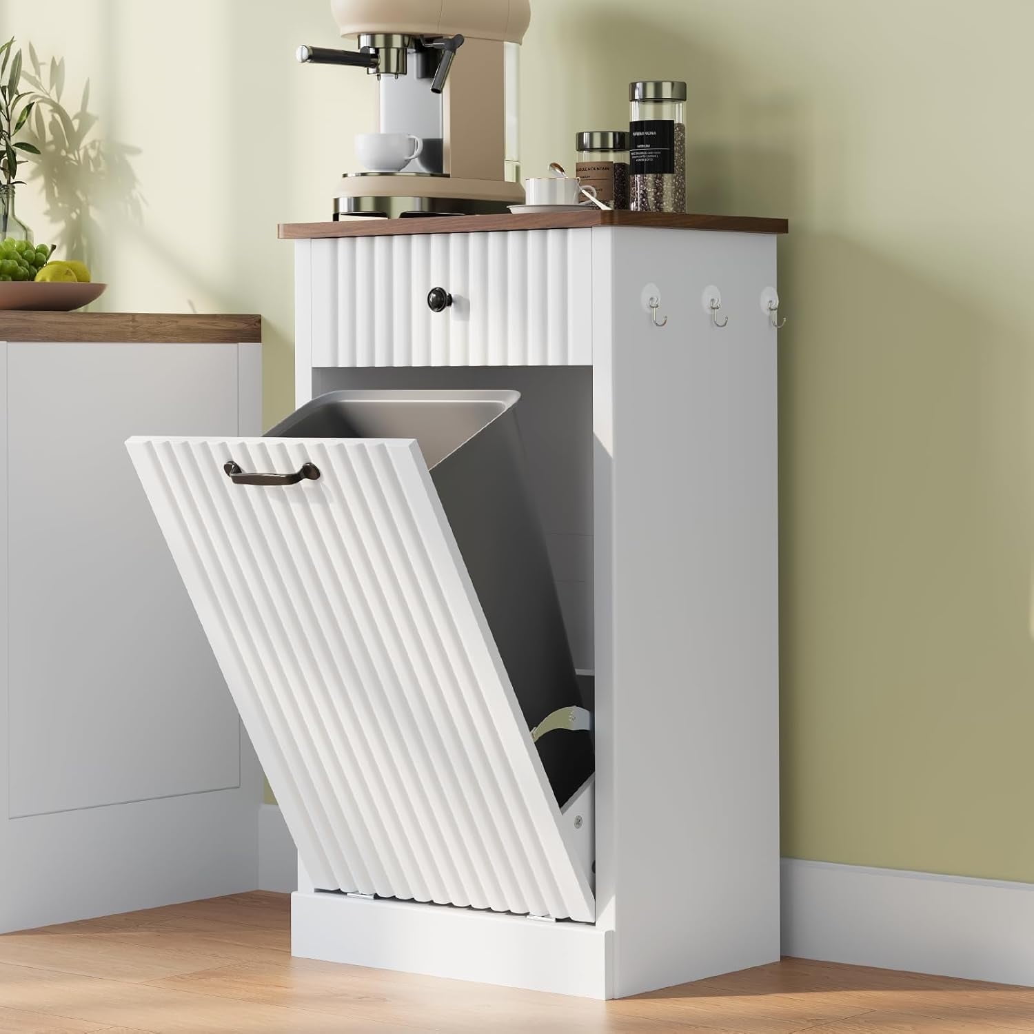 SELOOYE 10 Gallon Tilt Out Trash Can Cabinet , Wooden Hidden Garbage Can Holder with Storage Drawers for Kitchen and Dining Room, Laundry Hamper Cabinet for Bathroom, White