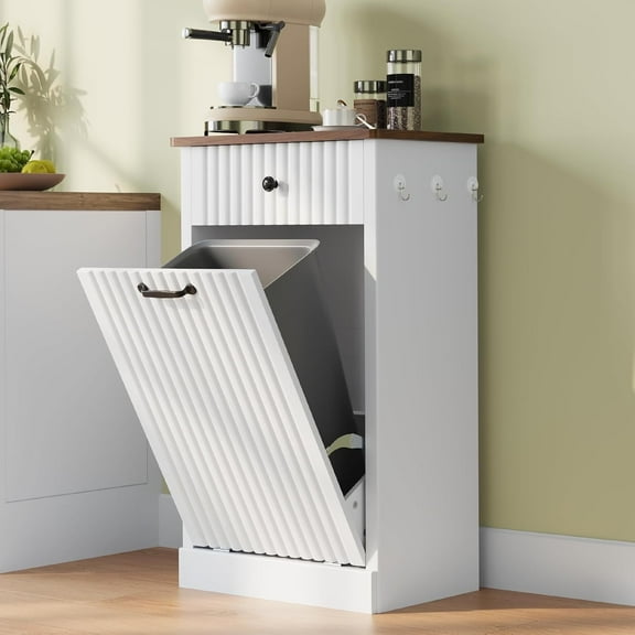 SELOOYE 10 Gallon Tilt Out Trash Can Cabinet , Wooden Hidden Garbage Can Holder with Storage Drawers for Kitchen and Dining Room, Laundry Hamper Cabinet for Bathroom, White