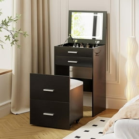 SELOOYE 3 in 1 Vanity Desk, Compact Vanity with 3 Drawers, Makeup Desk with Flip-up 3 Colors Lighting Mirror and Cushioned Stool, Small Vanities Nightstand Perfect for Bedroom, Black