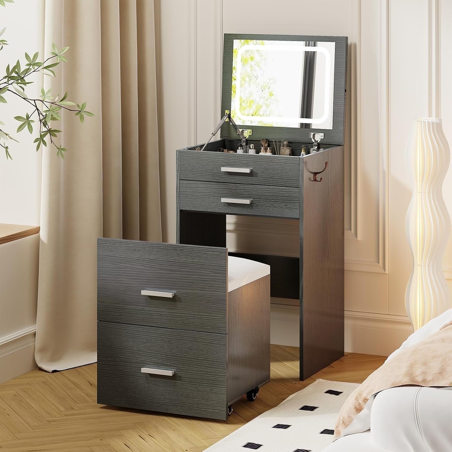 SELOOYE 3 in 1 Vanity Desk, Compact Vanity with 3 Drawers, Makeup Desk with Flip-up 3 Colors Lighting Mirror and Cushioned Stool, Small Vanities Nightstand Perfect for Bedroom, Grey