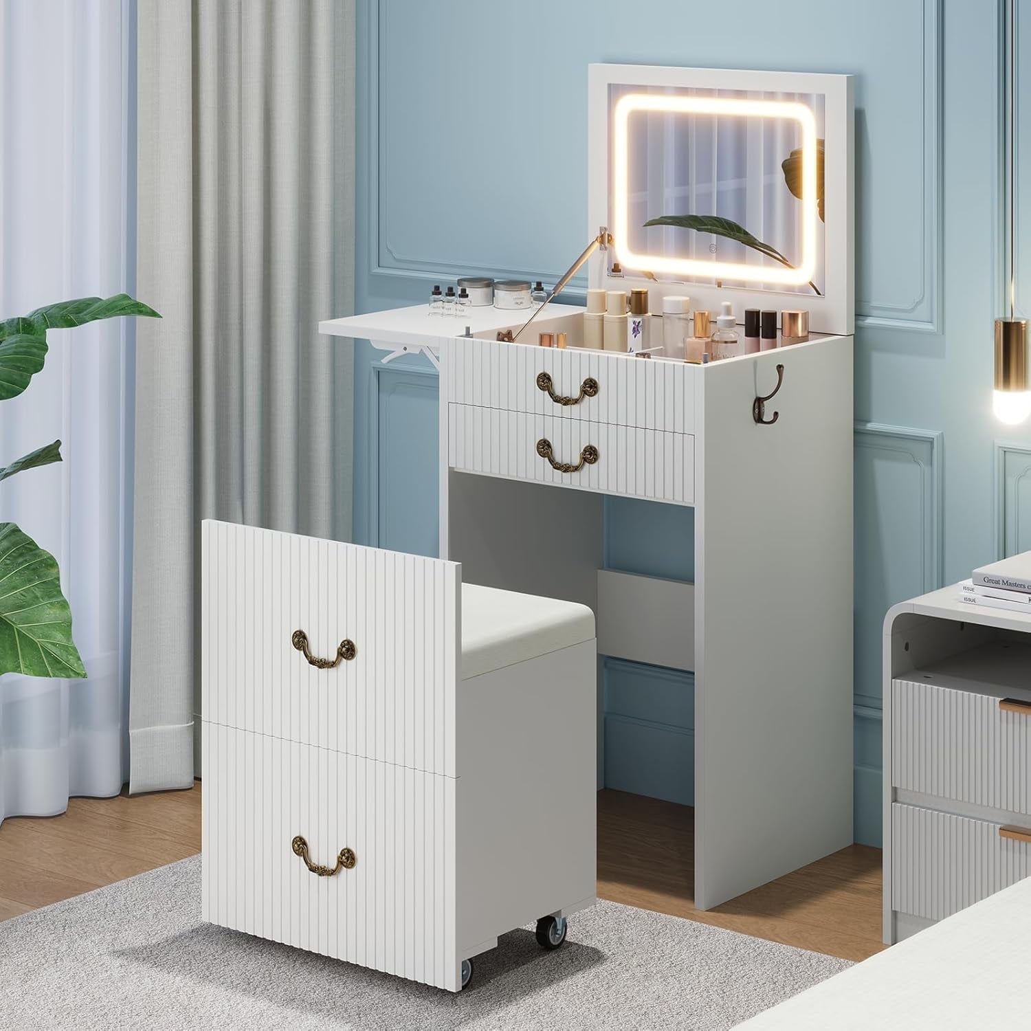 SELOOYE 3-in-1 Vanity with Flip Mirror & Lights, Fluted Compact Vanity  Table with 3 Drawers, Storage Compartment and Rolling Stool, Modern Small  ...