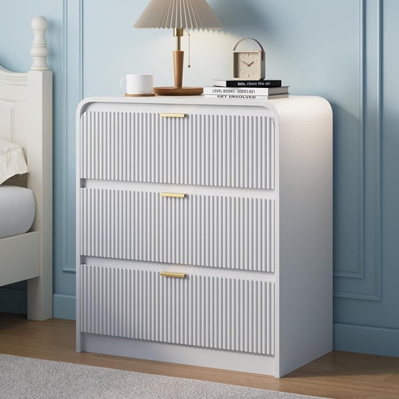 SELOOYE 32" Tall Fluted Nightstand, 3 Drawers Wooden End Table w/Storage, Curved Profile Design, Modern Bedside Table for Bedroom, Solid White