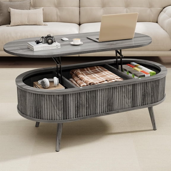 SELOOYE 39.4" Mid Century Oval Coffee Table, Fluted Center Table with Lift Top, Modern Dining Table with Storage for Living Room Home Office, Gray
