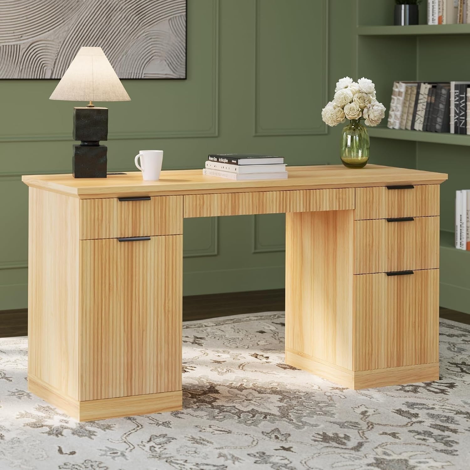 SELOOYE 58" Fluted Modern Desk with Storage, Home Office Desk with 1 File Cabinet & 5 Drawers, Wood Executive Computer Writing Desk for Study, Living Room, Bedroom, Natural Oak