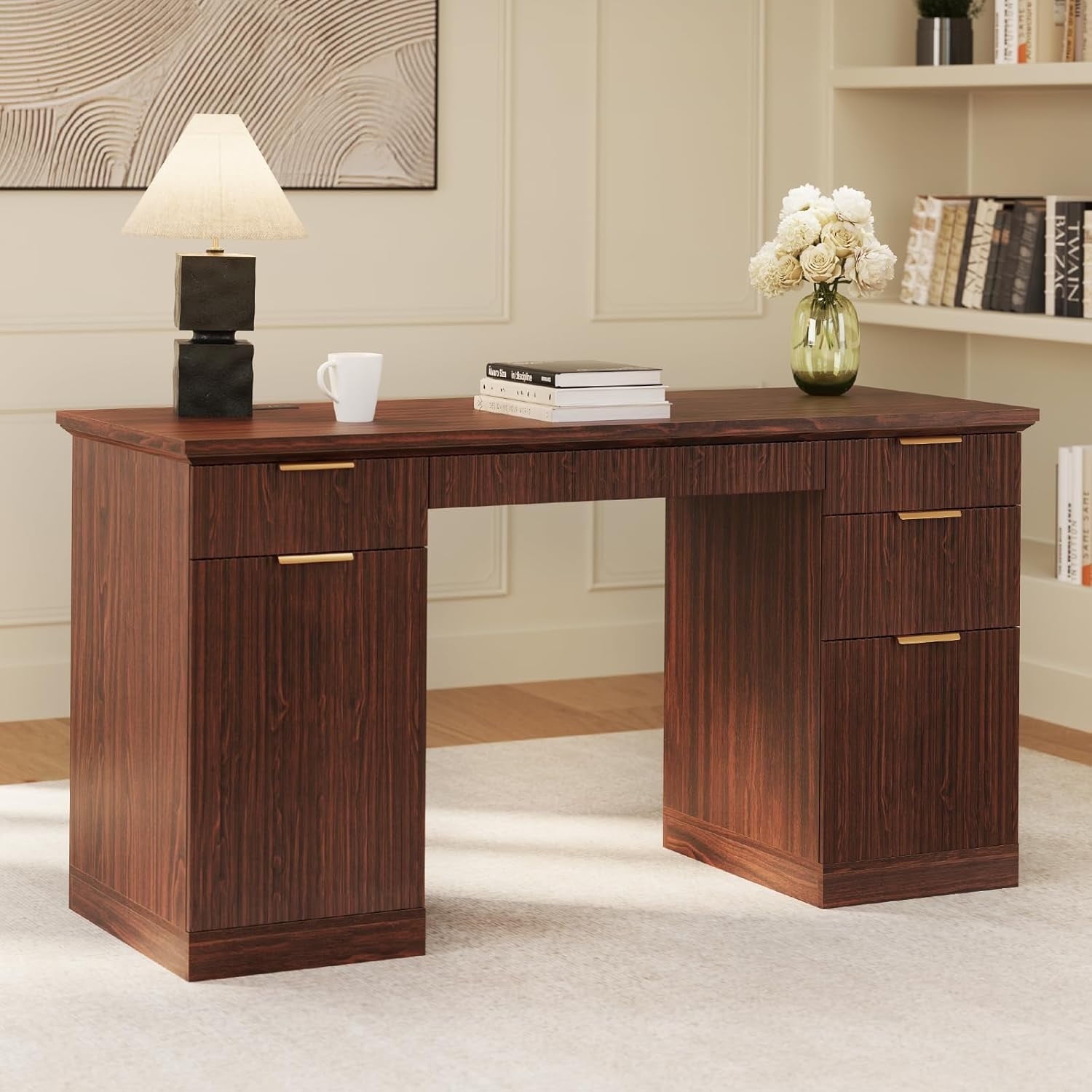 SELOOYE 58" Fluted Modern Desk with Storage, Home Office Desk with 1 File Cabinet & 5 Drawers, Wood Executive Computer Writing Desk for Study, Living Room, Bedroom(Walnut)