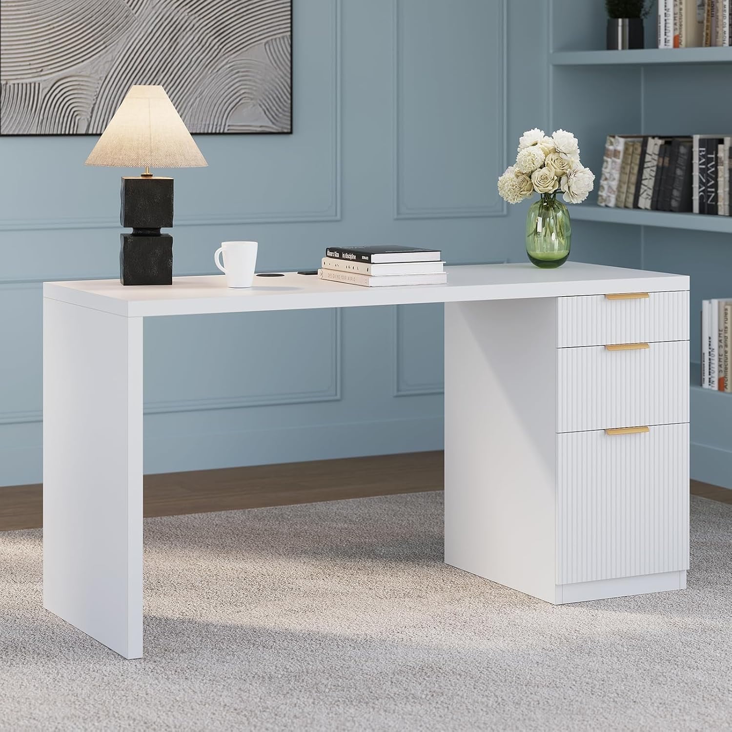 SELOOYE 58" Modern Executive Desk with Storage, Home Office Desk with Drawer & Cabinet, Wooden Fluted Desk for Study, Living Room, Bedroom, White