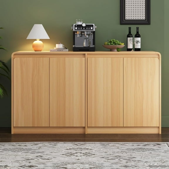 SELOOYE 61" Modern Fluted Sideboard Buffet Cabinet with Storage, Curved Design Wood Coffee Bar Cabinet with 4 Doors & Adjustable Shelves for Kitchen, Natural Oak