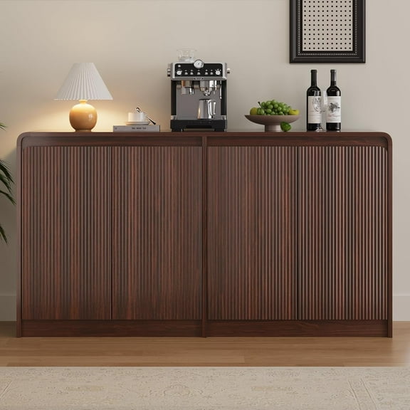 SELOOYE 61" Modern Fluted Sideboard Buffet Cabinet with Storage, Curved Design Wood Coffee Bar Cabinet with 4 Doors & Adjustable Shelves for Kitchen, Walnut