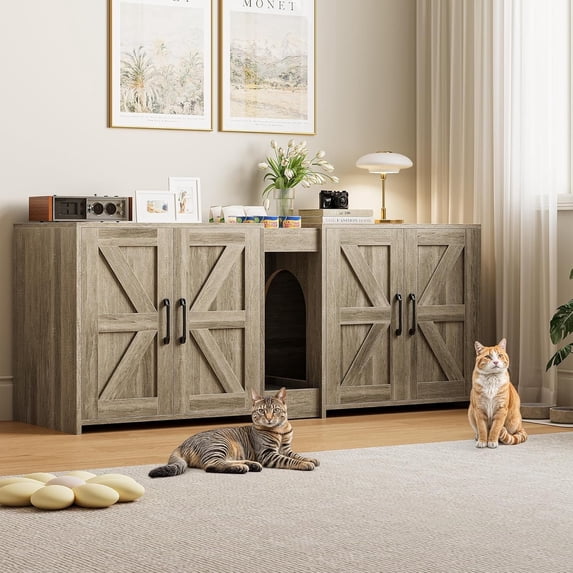 SELOOYE Cat Litter Box Enclosure for 2 Cats, Hidden Litter Box Furniture with Double Rooms, Cat Bed, PVC Pad and Scratch Pad, Grey