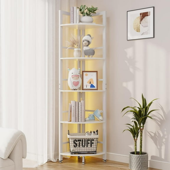SELOOYE Corner Shelf Stand, 5-Tier Corner Shelf with LED Light, 70 Inch Tall Display Shelf for Living Room, Bedroom, Bookshelf, Industrial Shelf with Steel Frame, Plant Shelf (White)