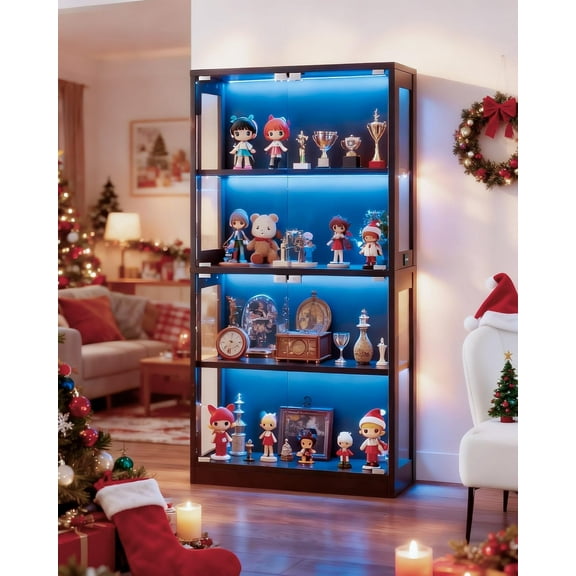 SELOOYE Display Cabinet with Glass Doors 4-Tier, 7 Vibrant Colors 3 Dynamic Lighting Modes, HD Glass Storage Cabinet with Human Body Sensor for Curio, Trophy, Collectibles (Black)