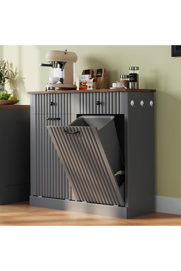 Double Tilt Out Trash Can Cabinet Hidden Kitchen Trash Can, 20 Gallons Freestanding Recycling Cabinet with Hideaway Drawers Pet Proof Trash Can for Kitchen Living Room, Grey