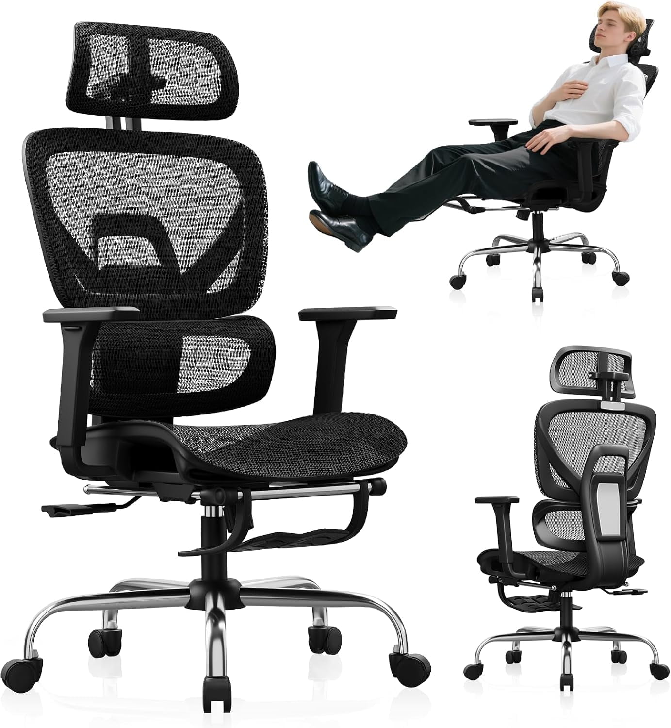 SELOOYE Ergonomic Office Chair with Footrest, Mesh Desk Chair with 135° Recline, Adjustable Lumbar Support, 3D Armrests and Headrest, Swivel Computer Chair for Home Office