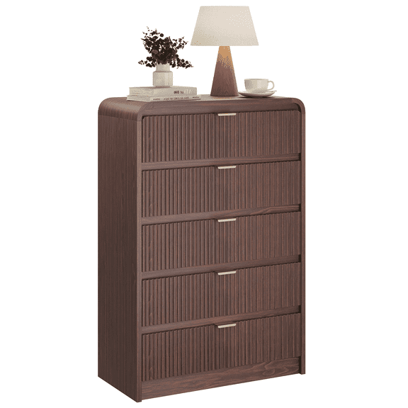 SELOOYE Fluted 5 Drawers Dresser for Bedroom, 47" Tall Modern Dresser Chest of Drawers, Gold Accents, Fluted Fronts, Wood Storage Dressers Organizer for Bedroom, Living Room, Walnut