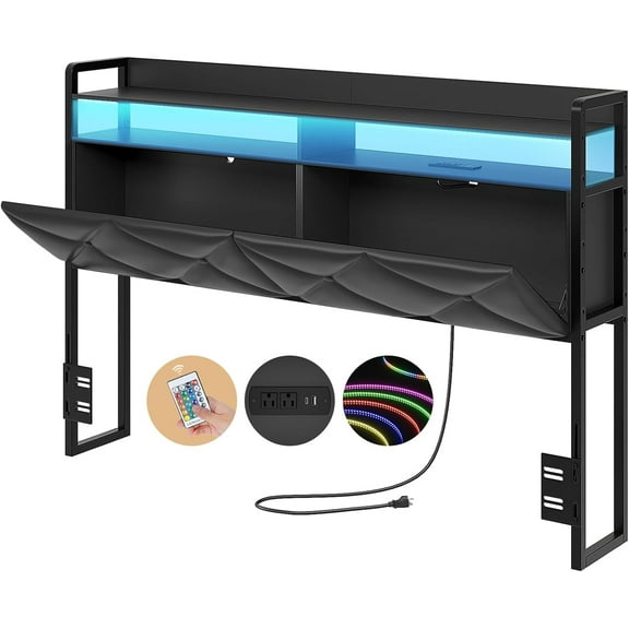 SELOOYE Headboard Queen Size with 2-Tier Open Space and Pull-Out Hidden Storage, Upholstered Headboard with Charging Station, Height Adjustable Sturdy Queen Bed Head Only, Easy Assembly, Black