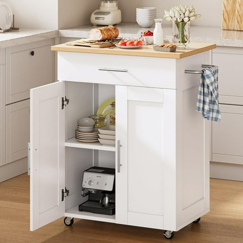 SELOOYE Kitchen Island Cart with Storage, Rolling Side Table, Large Worktop, Cabinet, Towel Rack, Drawers