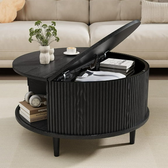 SELOOYE Mid Century Round Coffee Table, Fluted Center Table with Sliding Door, Modern Dining Table with Storage for Home Living Room Office, 31.5", Black