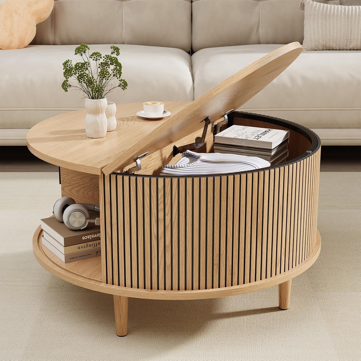 SELOOYE Mid Century Round Coffee Table, Fluted Center Table with Sliding Door, Modern Dining Table with Storage for Home Living Room Office, 31.5", Oak