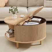 SELOOYE Mid Century Round Coffee Table, Fluted Center Table with Sliding Door, Modern Dining Table with Storage for Home Living Room Office, 31.5", Oak