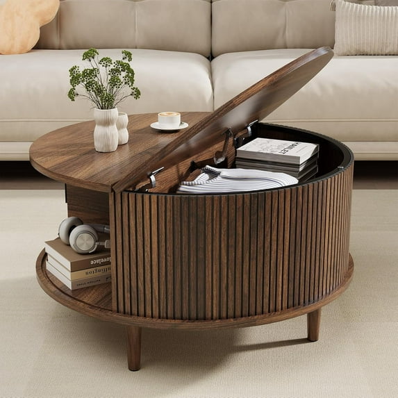 SELOOYE Mid Century Round Coffee Table, Fluted Center Table with Sliding Door, Modern Dining Table with Storage for Home Living Room Office, 31.5", Walnut