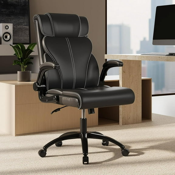 SELOOYE Office Chair, Big and Tall Ergonomic Computer Desk Chairs, Executive Breathable Leather Chair with Adjustable High Back Flip-up Armrests, Black
