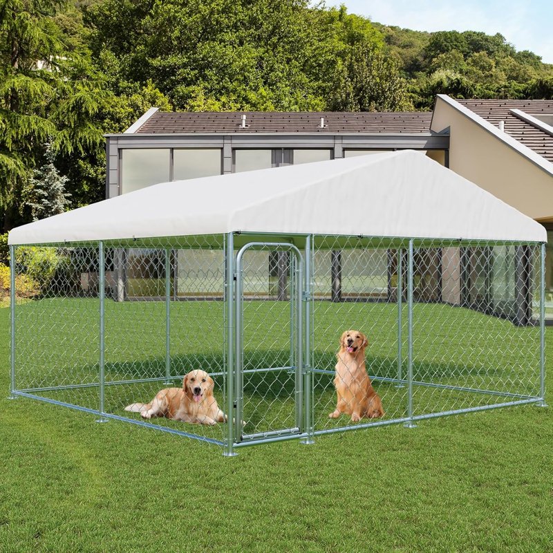 SELOOYE Outdoor Large Dog Kennel 10 x 10 FT, Heavy Duty Dog Enclosure with UV & Rain-Proof Fully Covered Roof, Rustproof Metal Mesh, Double Security Locks