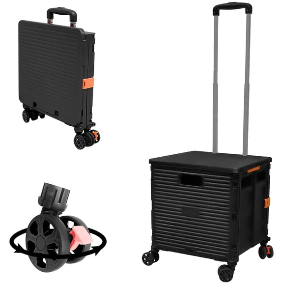 SELORSS Foldable Utility Cart Folding Portable Rolling Crate-Black | Durable,Heavy Duty,Plastic Box,Telescoping Handle,4 Rotate Wheels,Collapsible Handcart for Travel Shop Move Luggage Office
