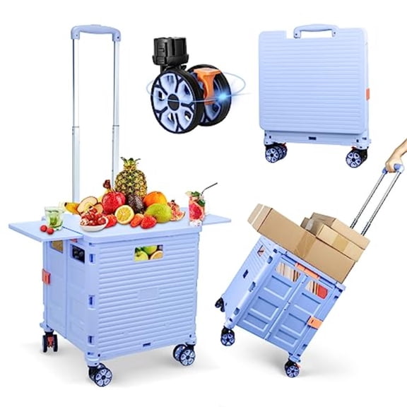 SELORSS Folding Utility Cart Portable Rolling Crate Handcart with Magnetic Sliding Lid Telescoping Handle Plastic Box Dolly 360Swivel Wheels for Travel Shop Move Office Teacher Use Blue Pro
