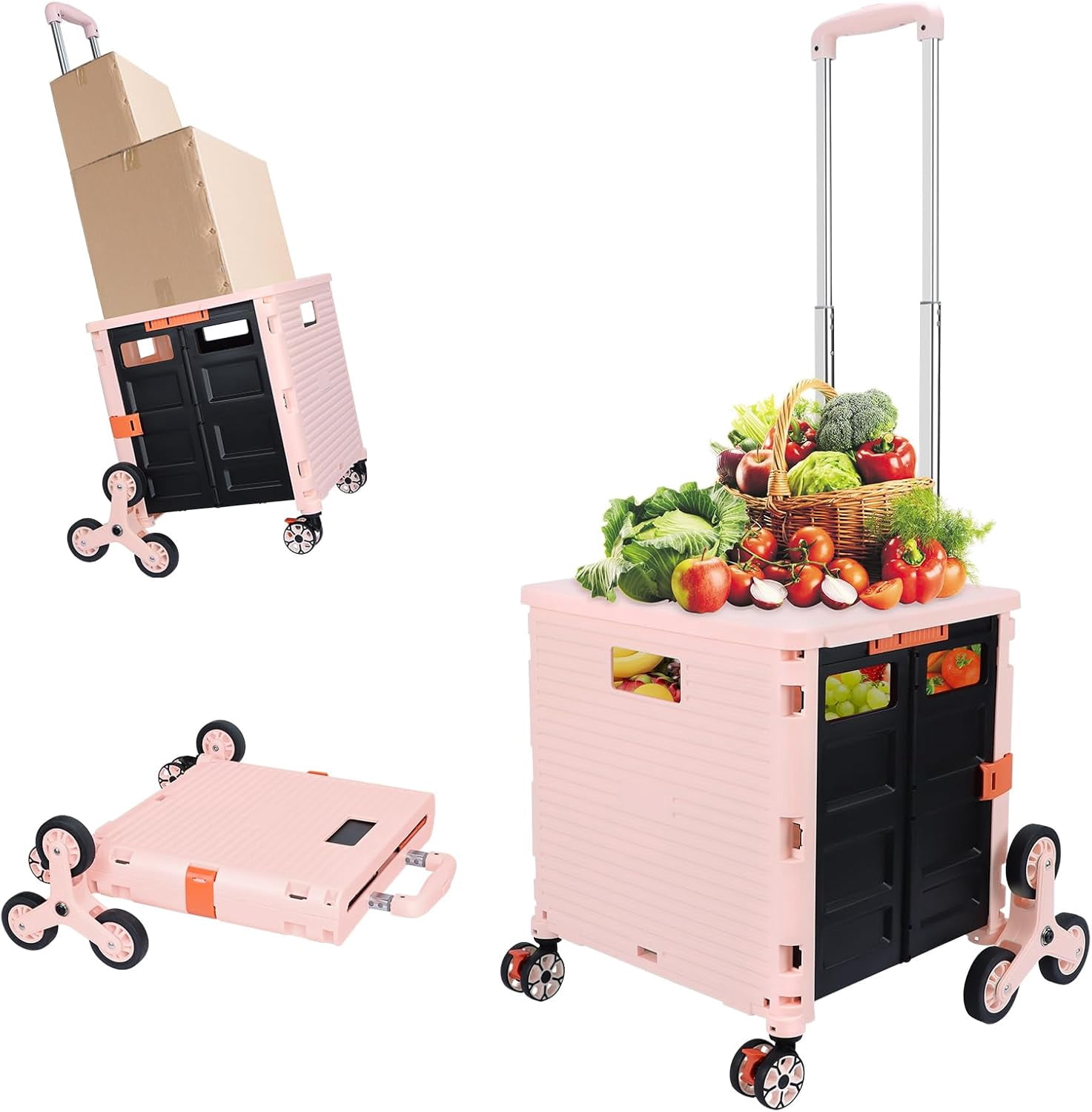 SELORSS Folding Utility Cart Portable Rolling Crate Handcart with Stair ...