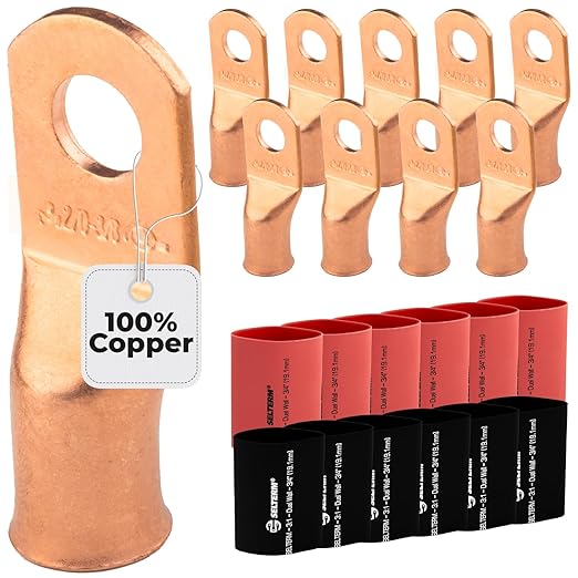 12 PCS 1/0 AWG Copper Ring Terminals With 3:1 Heat Shrink Tubing - 3/8" Ring, Heavy Duty Battery Lugs For Car, Boat, Marine