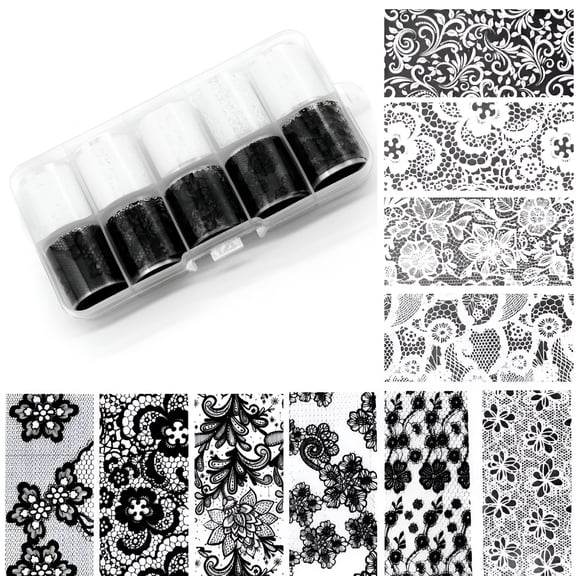 SELVORIA 2026 New 10 Rolls/Box White Black Nail Transfer Sticker Lace Nail Art Foils Set Paper Diy Manicure Nail Decoration Accessories for Salon,Home,Party,Diy