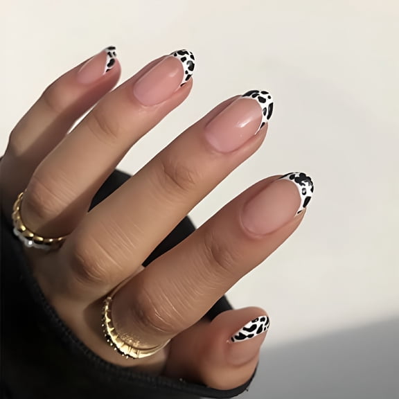 SELVORIA 2026 New Round Press on Nails Short Fake Nails Cow Print French Tip Glue on Nails 24Pcs Oval Acrylic Nails for Women and Girls