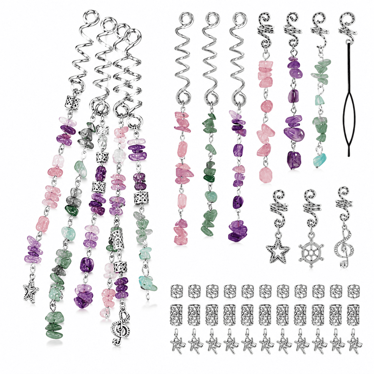 40Pcs Natural Colored Crystal Stone Hair Accessories,Metal Hair Charms,Silver Loc Dreadlock Spirals,Cuffs&Rings for Women'S Hairstyles Hair Charms for Braids