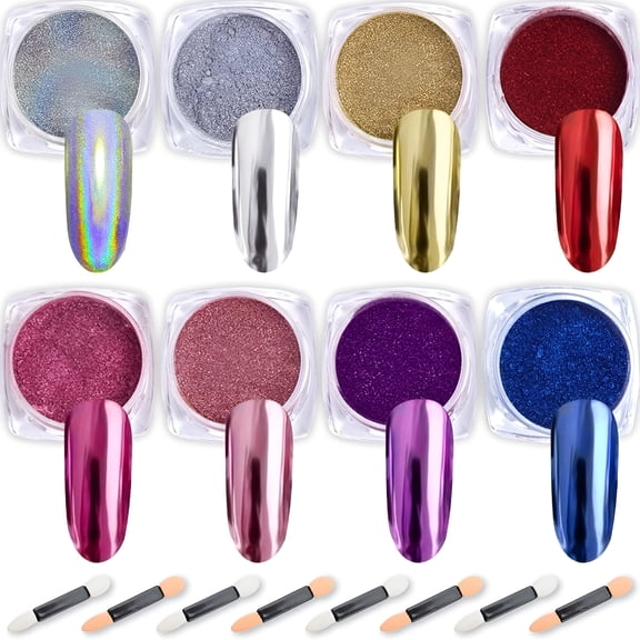 SELVORIA 8 Jars Chrome Nail Powder Mirror Effect Holographic Aurora Iridescent Pearlescent Manicure Art Decoration Glitter Chrome Powder for Gel Nails