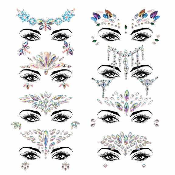 SELVORIA 8 sets Women Mermaid Face Gems Glitter, Rhinestone Rave Festival Face Jewels, Crystals Face Stickers, Halloween Eyes Face Body Tattoo Rhinestone Temporary Tattoos