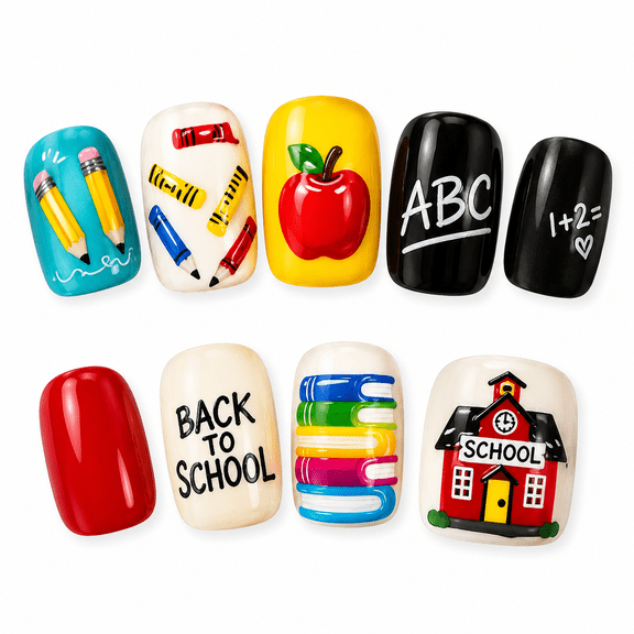 SELVORIA Back to School Press on Nails Short Square Fake Nails Cute School Supplies False Nails with Pencil Ruler Schoolhouse Designs Reusable Stick on Nails for Daily Manicure Teacher Student Gift