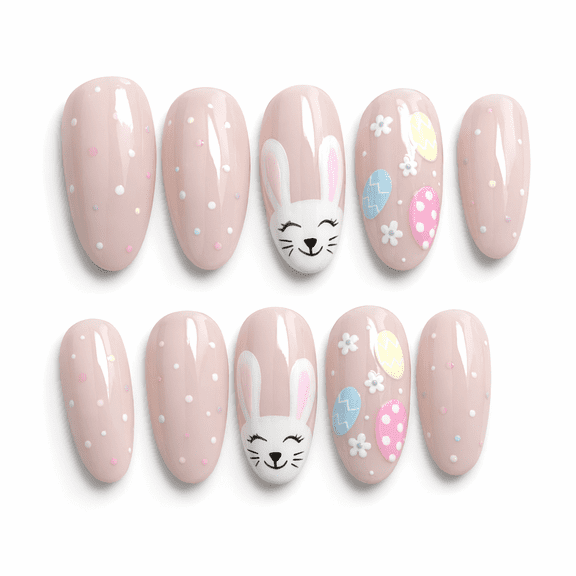 SELVORIA Easter Nails Almond Press on Nails Medium French Tip Fake Nails Pink Full Cover Stick on Nails with Cute Bunny Easter Egg Designs Rabbit Nail Tips False Nails for Women Girls 24 Pcs Style 9