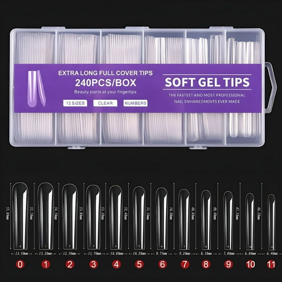 SELVORIA Extra Long Square Full Cover Nail Tips 240Pcs Clear Full Cover Fake Nails False Nails 12 Sizes Tapered Square Press on Fake Nail Tips for Acrylic Nails Salons Home Diy with Box