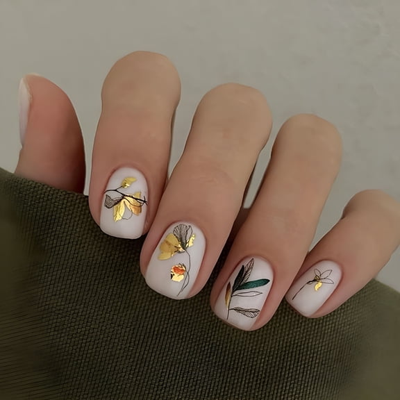 SELVORIA Fall Press on Nails Medium Square White Fake Nails Lines Flowers Leaf Pattern Full Cover Stick on Nails Gold Foil Designs Thanksgiving Nails Autumn Winter False Nails 24Pcs