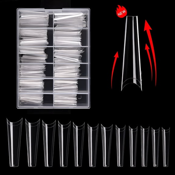 SELVORIA Pack Of 240/Box Nail Tips C Curved Pipe Shaped Transparent Long Square Coffin False Nail Tips for Manicure
