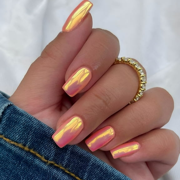 SELVORIA Press on Nails Extra Short Squoval, Spring Summer Handmade Neon Orange Chrome Gel Glue on Nails, 24Pcs Glazed Donut Glossy Round Fake Nails Acrylic False Nails Kits for Women Gift