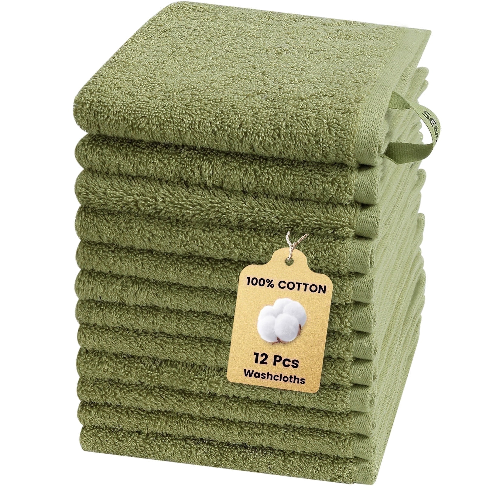 SEMAXE Washcloths 12-Pack 13x13 Inch: 100% Organic Cotton Face Towels | Ultra Soft, Quick-Dry & Super Absorbent for Bathroom, Gym, Spa & Hotel | Zero Lint, Lightweight & Bulk Pack, Green