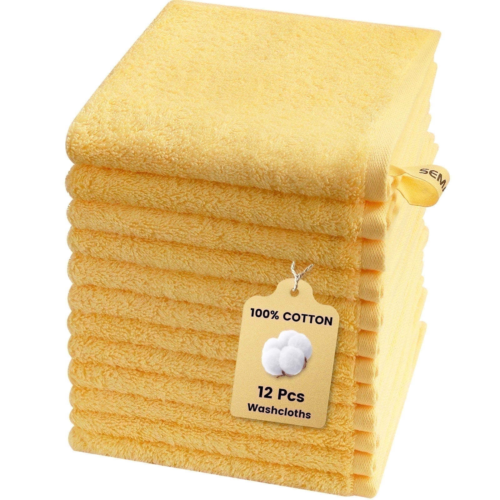 SEMAXE Washcloths 12-Pack 13x13 Inch: 100% Organic Cotton Face Towels | Ultra Soft, Quick-Dry & Super Absorbent for Bathroom, Gym, Spa & Hotel | Zero Lint, Lightweight & Bulk Pack, Yellow