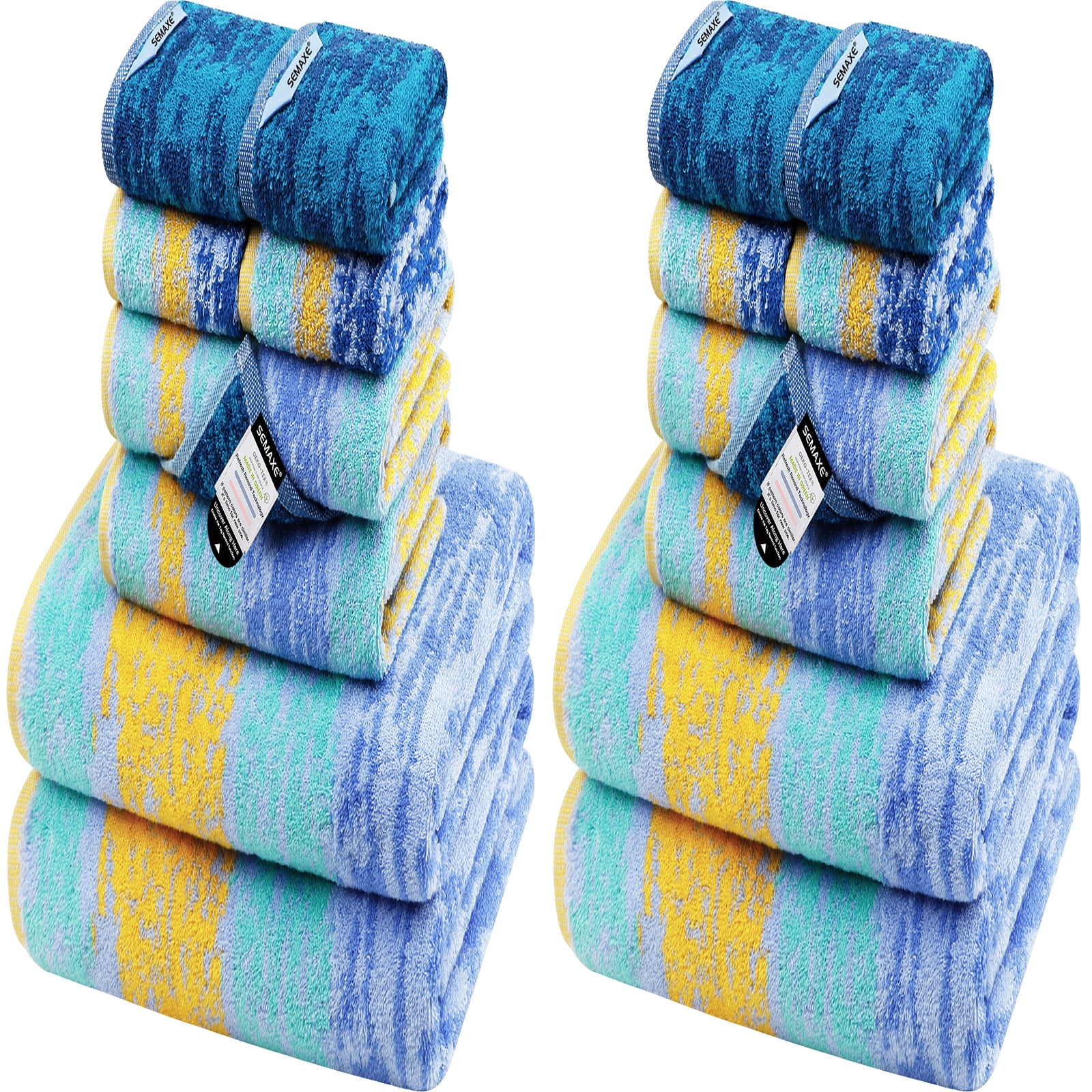 SEMAXE 16 Pack Colorful Cotton Bath Towel Set for Bathroom, 4 Bath Towels, 4 Hand Towels & 8 Washcloths, Pattern