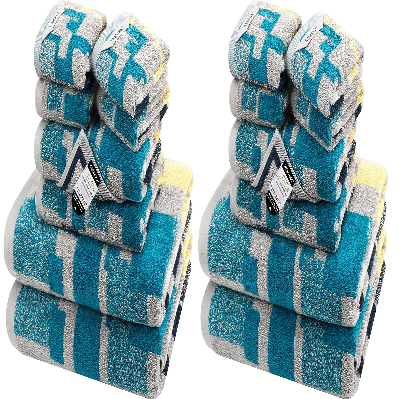 SEMAXE 16 Pack Colorful Cotton Bath Towel Set for Bathroom, 4 Bath Towels, 4 Hand Towels & 8 Washcloths, Pattern