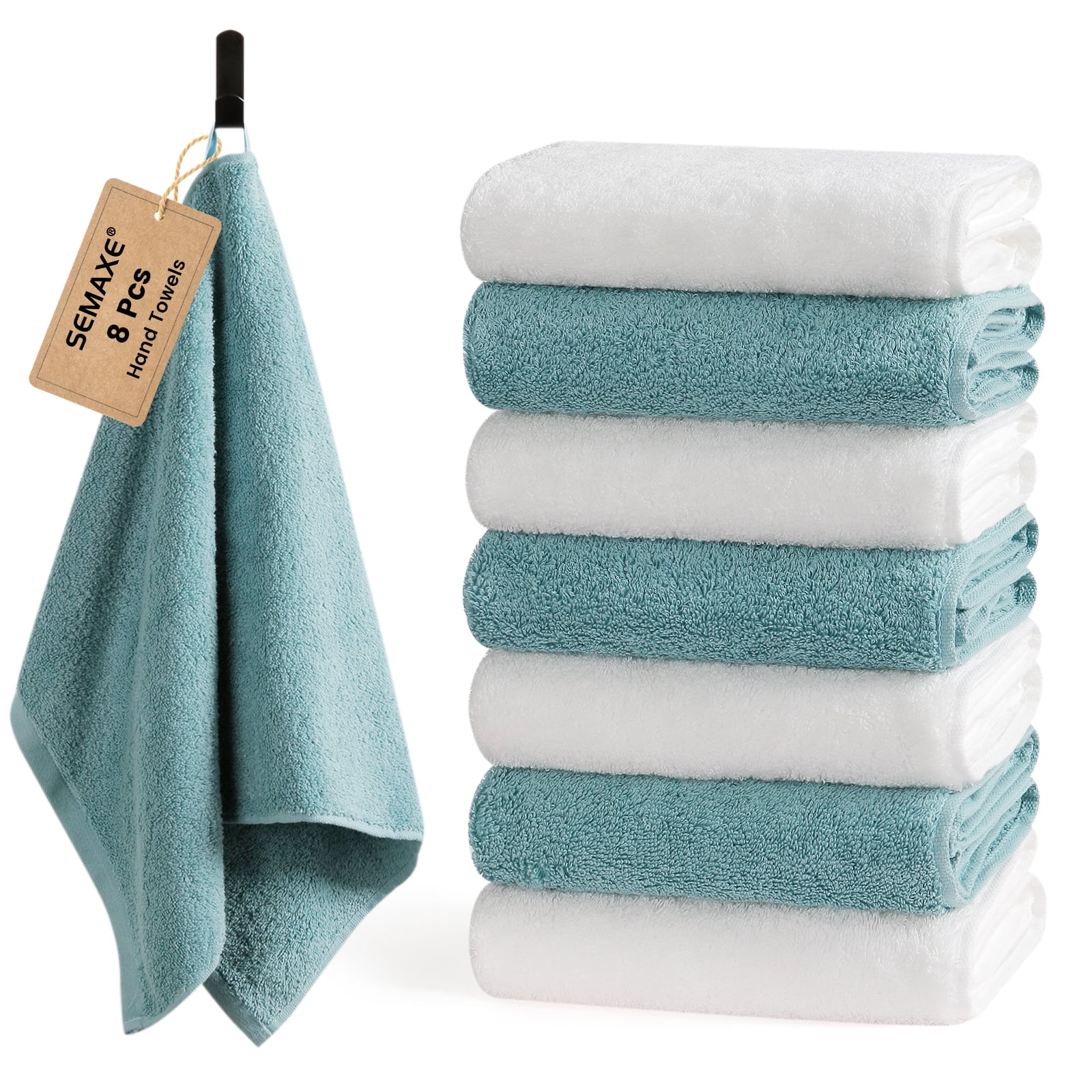SEMAXE 8-Pack Cotton Hand Towels 16x28 Inches - 4 Blue & 4 White, Combed Cotton Quick-Dry & Absorbent Face Towels for Bathroom, Gym, Hotel