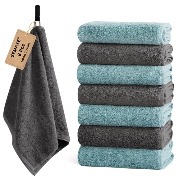 SEMAXE 8-Pack Cotton Hand Towels 16x28 Inches - 4 Gray & 4 Blue, Combed Cotton Quick-Dry & Absorbent Face Towels for Bathroom, Gym, Hotel
